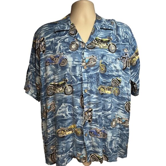 Island Collection Mens Vintage Motorcycle Hawaiian Button Up Shirt Large Pocket - Picture 1 of 8